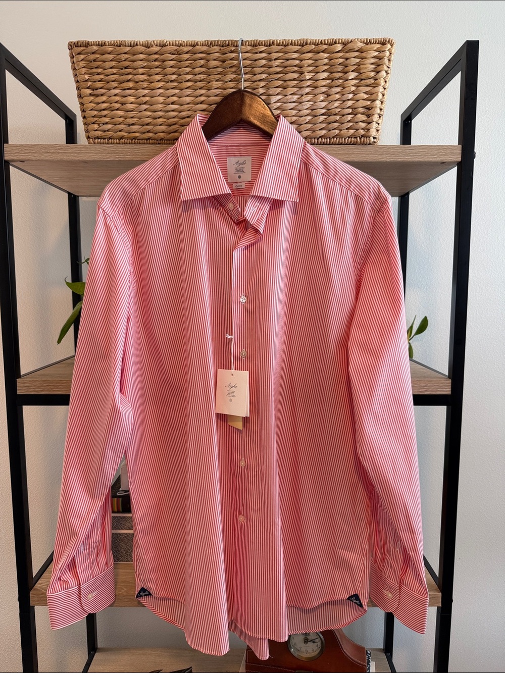 NWT Agho Saturno Cotton Striped Men's Button Down Collar Dress Shirt, XL